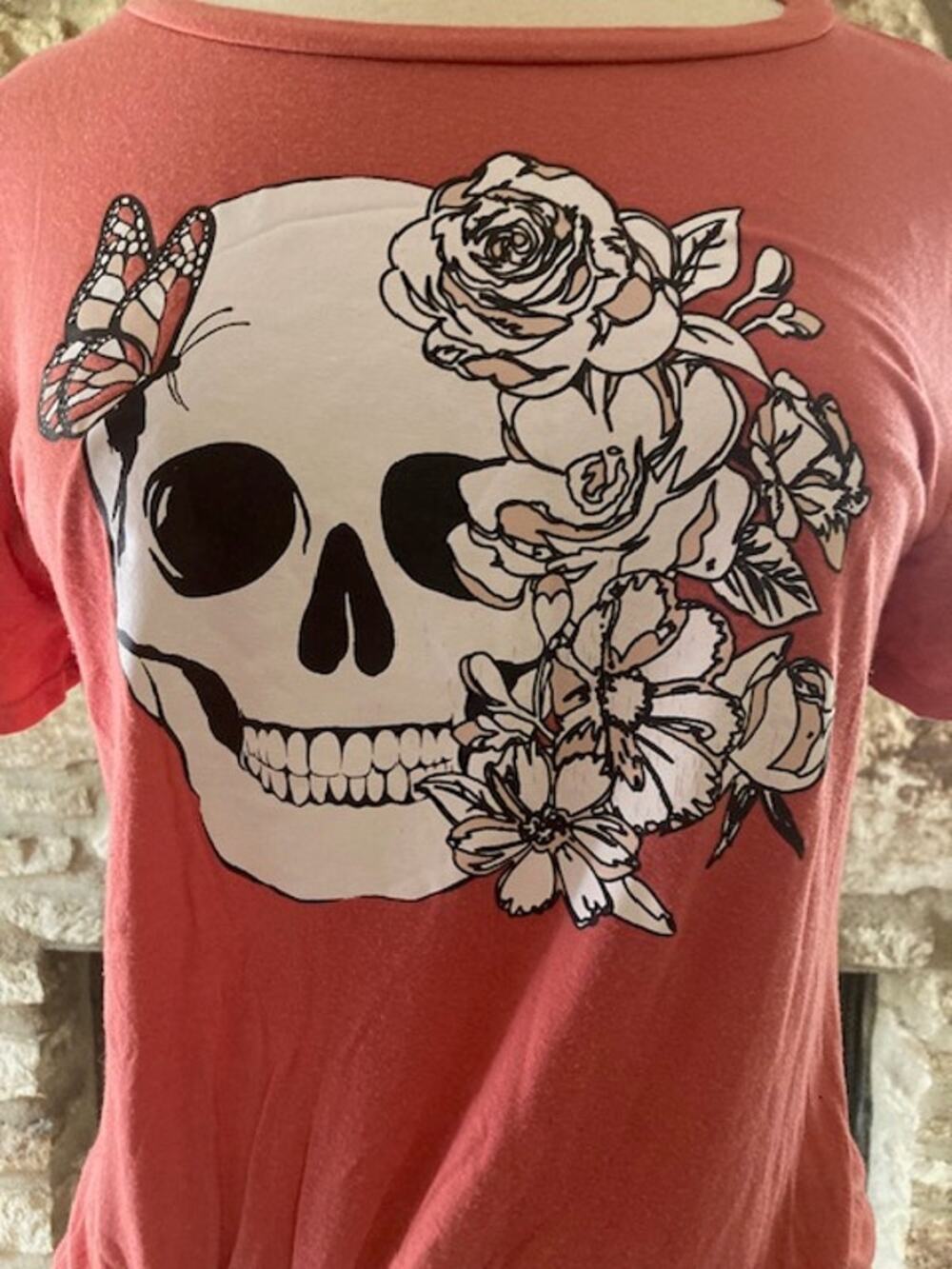 Coral Floral Skull O-Ring Tie Hem Graphic Top - Size M